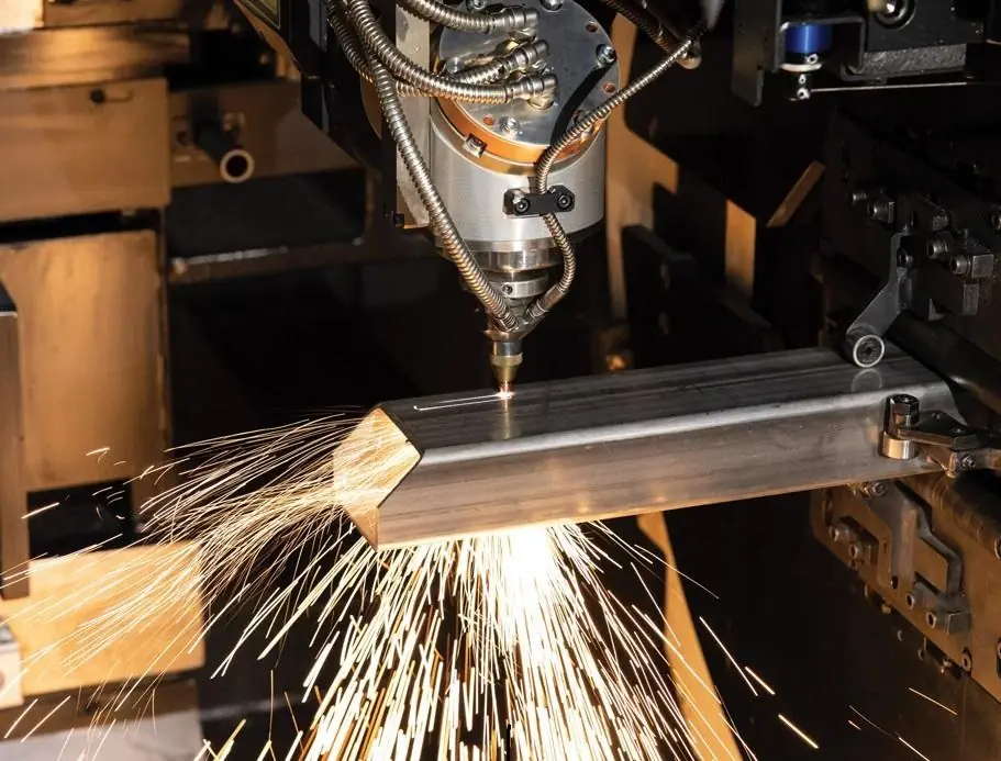 Tube laser cutting a square steel tube with sparks